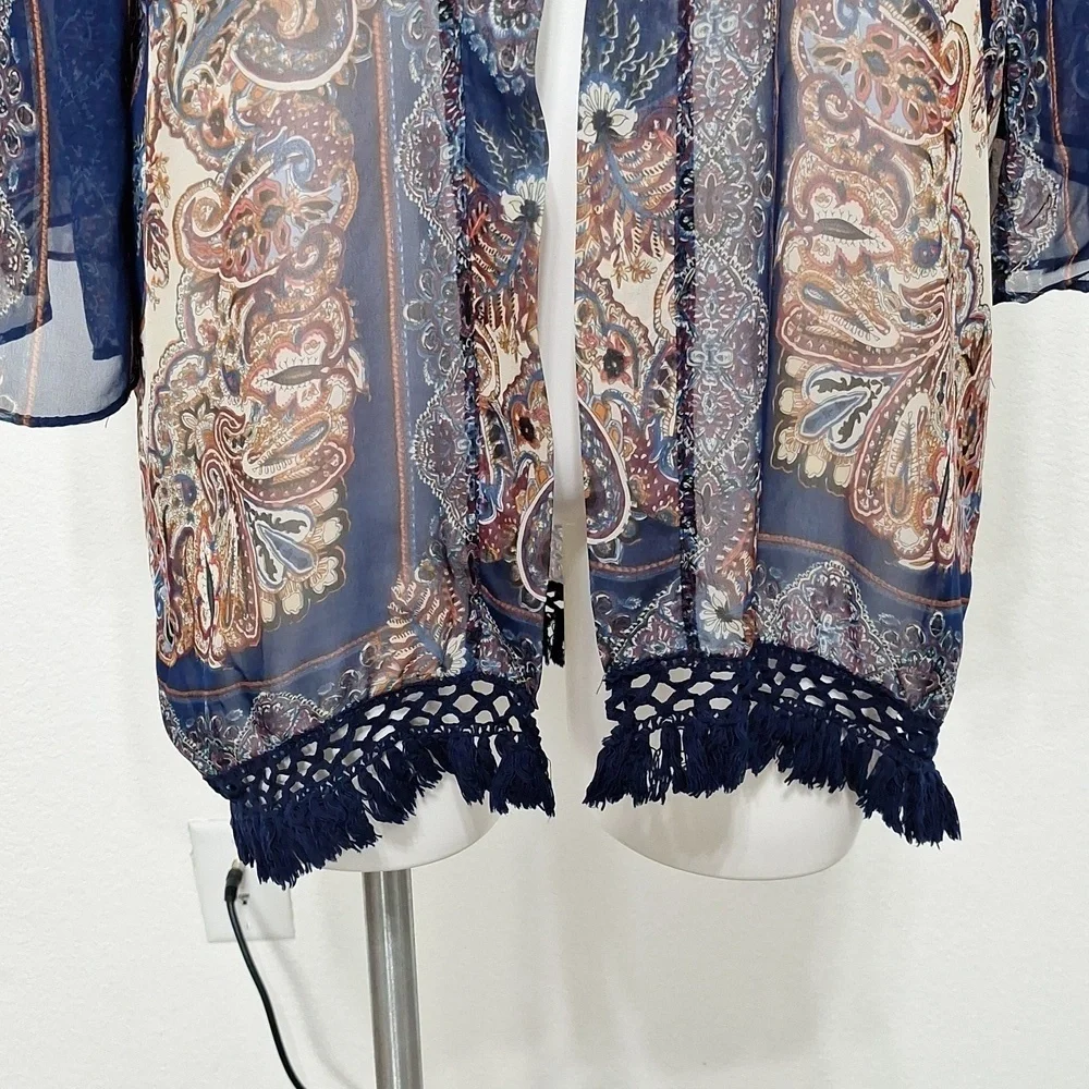 Umgee Blue Tan Bohemian 3/4 Wide Sleeve Boho Hippie Fringe Kimono Size S/M